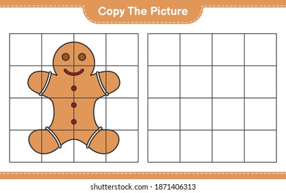 Copie la imagen, copie la imagen del hombre de pan de jengibre usando líneas de cuadrícula. Juego infantil educativo, hoja de cálculo imprimible, ilustración vectorial