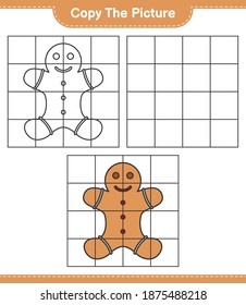 Copy the picture, copy the picture of Gingerbread Man using grid lines. Educational children game, printable worksheet, vector illustration