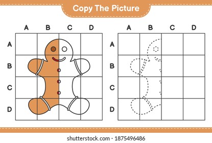 Copy the picture, copy the picture of Gingerbread Man using grid lines. Educational children game, printable worksheet, vector illustration