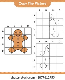 Copy the picture, copy the picture of Gingerbread Man using grid lines. Educational children game, printable worksheet, vector illustration