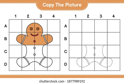 Copy the picture, copy the picture of Gingerbread Man using grid lines. Educational children game, printable worksheet, vector illustration