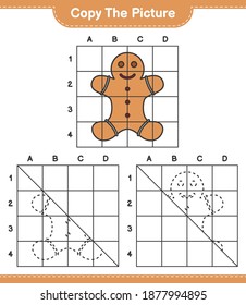 Copy the picture, copy the picture of Gingerbread Man using grid lines. Educational children game, printable worksheet, vector illustration