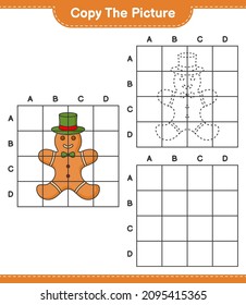 Copy the picture, copy the picture of Gingerbread Man using grid lines. Educational children game, printable worksheet, vector illustration