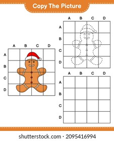Copy the picture, copy the picture of Gingerbread Man using grid lines. Educational children game, printable worksheet, vector illustration