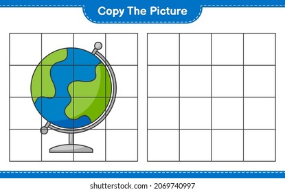 Copy the picture, copy the picture of Globe using grid lines. Educational children game, printable worksheet, vector illustration