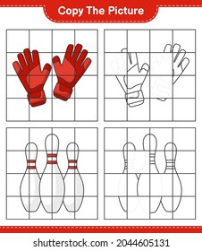 Copie la imagen, copie la imagen de guantes de portero y boliche usando líneas de cuadrícula. Juego infantil educativo, hoja de cálculo imprimible, ilustración vectorial