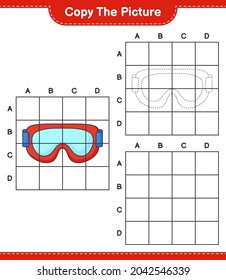 Copie la imagen, copie la imagen de Goggle utilizando líneas de cuadrícula. Juego infantil educativo, hoja de cálculo imprimible, ilustración vectorial