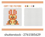 Copy the picture grid drawing worksheet for kids. Fun and educational coloring activity. Suitable for practicing drawing and coordination skills. Pixel art rabbit