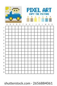 Copy the picture grid drawing worksheet for kids. Pixel art car with driver
