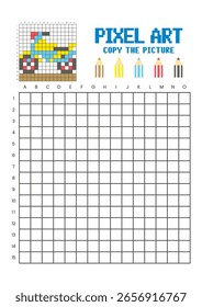 Copie la hoja de cálculo de dibujo de cuadrícula de imagen para niños. Pixel art motocicleta