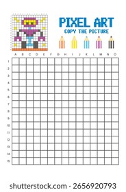 Kopieren Sie das Arbeitsblatt zum Zeichnen des Bildrasters für Kinder. Pixel Art Roboter