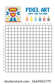 Copie la hoja de cálculo de dibujo de cuadrícula de imagen para niños. Robot de arte de píxeles
