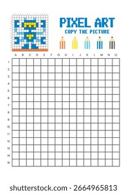 Copie la hoja de cálculo de dibujo de cuadrícula de imagen para niños. Robot de arte de píxeles