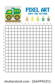 Copie la hoja de cálculo de dibujo de cuadrícula de imagen para niños. Pixel camión de arte