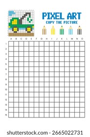 Copiar a planilha de desenho da grade de imagem para crianças. Pixel arte carro guindaste