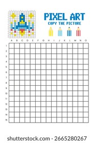 Kopieren Sie das Arbeitsblatt zum Zeichnen des Bildrasters für Kinder. Pixel Art Raumschiff