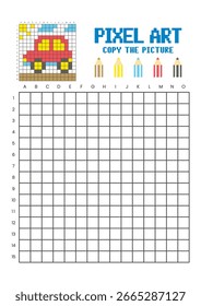 Copy the picture grid drawing worksheet for kids. Pixel art electric car
