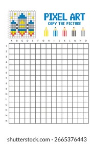 Copie la hoja de cálculo de dibujo de cuadrícula de imagen para niños. Cohete de arte de píxeles