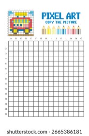 Copie la hoja de cálculo de dibujo de cuadrícula de imagen para niños. Pixel arte colorido Carrito de alimentos