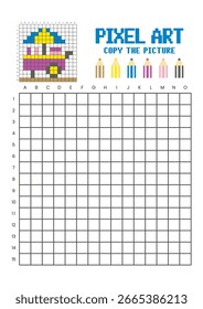 Copy the picture grid drawing worksheet for kids. Pixel art food cart and umbrella