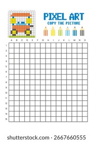Copy the picture grid drawing worksheet for kids. Pixel art colorful food cart