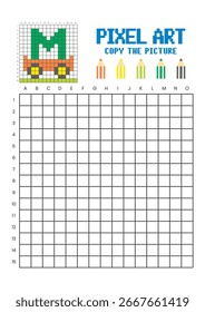 Copy the picture grid drawing worksheet for kids. Pixel art cart and letter M