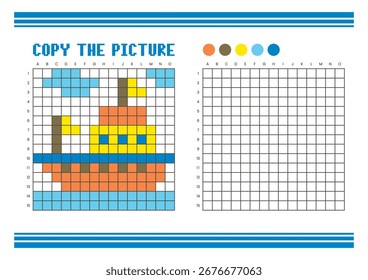 Copy the picture grid drawing worksheet for kids. Fun and educational coloring activity. Suitable for practicing drawing and coordination skills. Pixel art ship