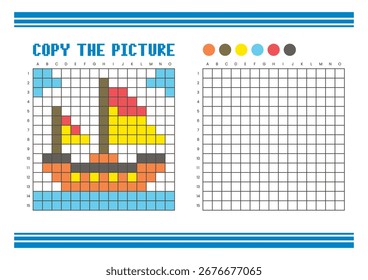 Copie la hoja de cálculo de dibujo de cuadrícula de imagen para niños. Diversión y actividad educativa para colorear. Adecuado para practicar habilidades de dibujo y coordinación. Barco de arte de píxeles