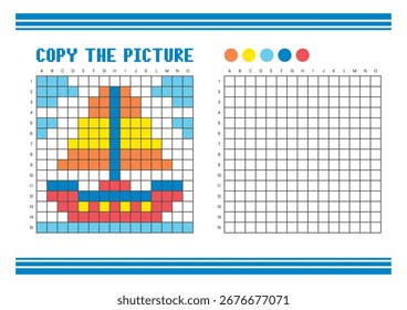 Copy the picture grid drawing worksheet for kids. Fun and educational coloring activity. Suitable for practicing drawing and coordination skills. Pixel art boat