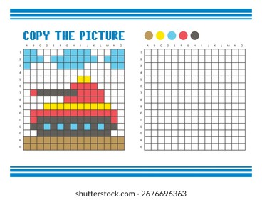 Copie la hoja de cálculo de dibujo de cuadrícula de imagen para niños. Diversión y actividad educativa para colorear. Adecuado para practicar habilidades de dibujo y coordinación. Tanque de arte de píxeles