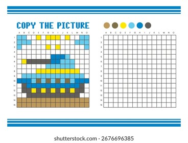 Copy the picture grid drawing worksheet for kids. Fun and educational coloring activity. Suitable for practicing drawing and coordination skills. Pixel art tank