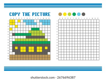 Kopieren Sie das Arbeitsblatt zum Zeichnen des Bildrasters für Kinder. Spaß und pädagogische Farbaktivität. Geeignet für das Üben von Zeichnen und Koordination Fähigkeiten. Pixel-Kunsttank