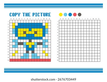 Copy the picture grid drawing worksheet for kids. Fun and educational coloring activity. Suitable for practicing drawing and coordination skills. Pixel art robot