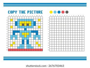 Copy the picture grid drawing worksheet for kids. Fun and educational coloring activity. Suitable for practicing drawing and coordination skills. Pixel art robot