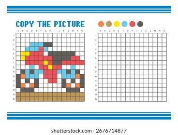 Copy the picture grid drawing worksheet for kids. Fun and educational coloring activity. Suitable for practicing drawing and coordination skills. Pixel art motorcycle