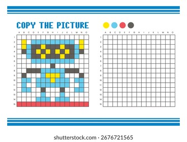 Copy the picture grid drawing worksheet for kids. Fun and educational coloring activity. Suitable for practicing drawing and coordination skills. Pixel art robot