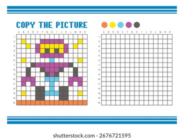 Kopieren Sie das Arbeitsblatt zum Zeichnen des Bildrasters für Kinder. Spaß und pädagogische Farbaktivität. Geeignet für das Üben von Zeichnen und Koordination Fähigkeiten. Pixel Art Roboter