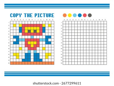 Copiar a planilha de desenho da grade de imagem para crianças. Atividade de coloração divertida e educacional. Adequado para praticar habilidades de desenho e coordenação. Robô Pixel Art