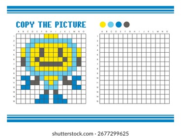Copiar a planilha de desenho da grade de imagem para crianças. Atividade de coloração divertida e educacional. Adequado para praticar habilidades de desenho e coordenação. Robô Pixel Art