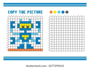 Kopieren Sie das Arbeitsblatt zum Zeichnen des Bildrasters für Kinder. Spaß und pädagogische Farbaktivität. Geeignet für das Üben von Zeichnen und Koordination Fähigkeiten. Pixel Art Roboter