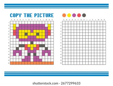 Copy the picture grid drawing worksheet for kids. Fun and educational coloring activity. Suitable for practicing drawing and coordination skills. Pixel art robot