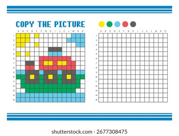 Copy the picture grid drawing worksheet for kids. Fun and educational coloring activity. Suitable for practicing drawing and coordination skills. Pixel art ship