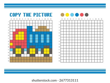 Copy the picture grid drawing worksheet for kids. Fun and educational coloring activity. Suitable for practicing drawing and coordination skills. Pixel art material truck