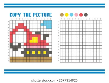 Copiar a planilha de desenho da grade de imagem para crianças. Atividade de coloração divertida e educacional. Adequado para praticar habilidades de desenho e coordenação. Escavadora de arte pixel