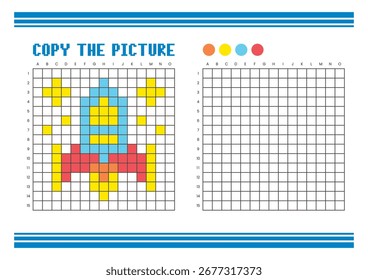 Copiar a planilha de desenho da grade de imagem para crianças. Atividade de coloração divertida e educacional. Adequado para praticar habilidades de desenho e coordenação. Foguete de arte Pixel