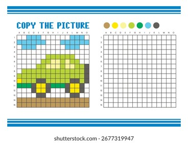 Copie la hoja de cálculo de dibujo de cuadrícula de imagen para niños. Diversión y actividad educativa para colorear. Adecuado para practicar habilidades de dibujo y coordinación. Coche de arte del pixel