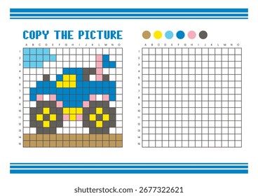 Copiar a planilha de desenho da grade de imagem para crianças. Atividade de coloração divertida e educacional. Adequado para praticar habilidades de desenho e coordenação. Caminhão monstro arte pixel