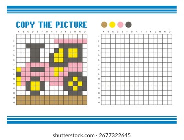 Copie la hoja de cálculo de dibujo de cuadrícula de imagen para niños. Diversión y actividad educativa para colorear. Adecuado para practicar habilidades de dibujo y coordinación. Pixel art tractor