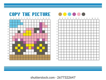 Copiar a planilha de desenho da grade de imagem para crianças. Atividade de coloração divertida e educacional. Adequado para praticar habilidades de desenho e coordenação. Caminhão monstro arte pixel