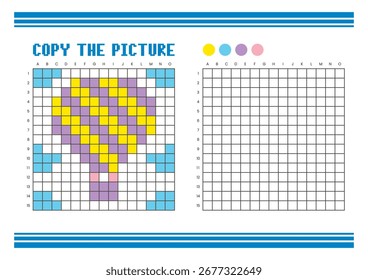 Copy the picture grid drawing worksheet for kids. Fun and educational coloring activity. Suitable for practicing drawing and coordination skills. Pixel art hot air balloon